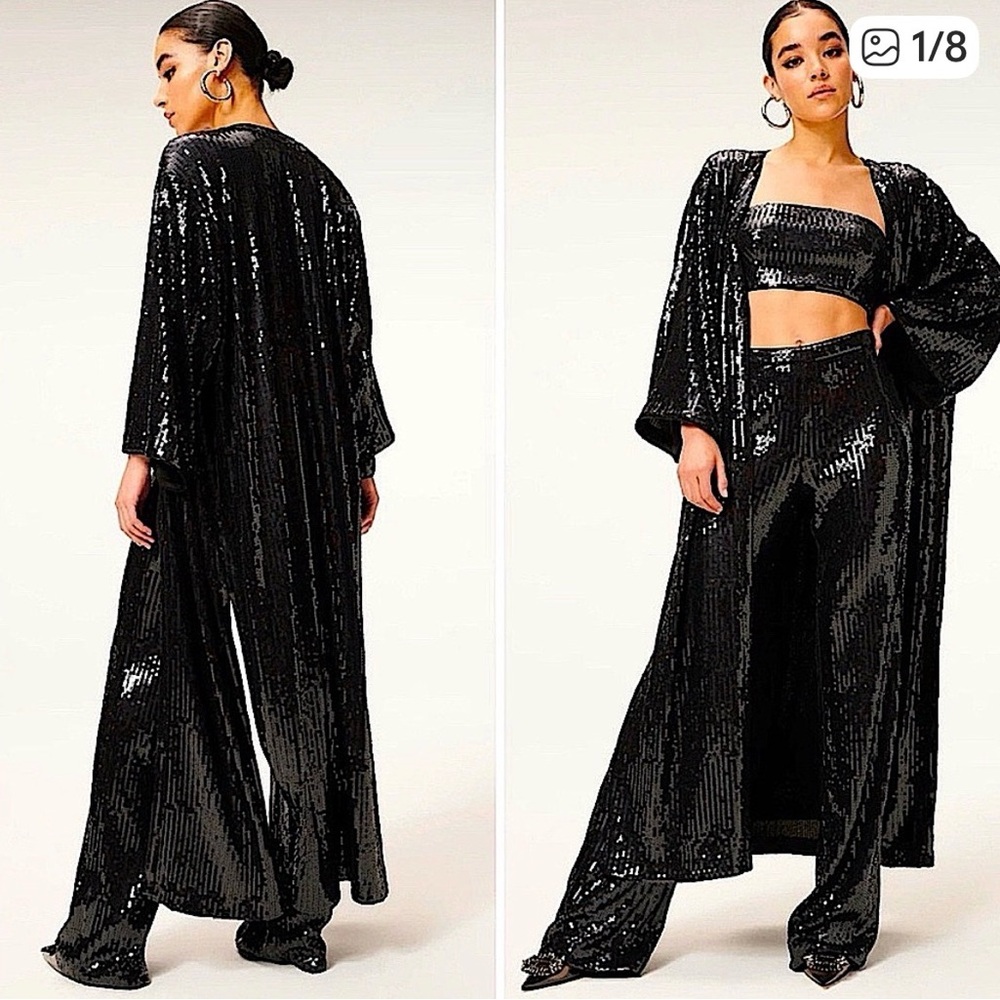 Sequin Long Duster Coat - Black